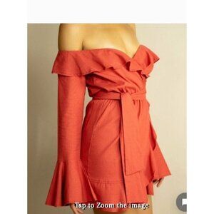 Etophe Studio Off The Shoulder Rust Red Linen Blend Dress Medium